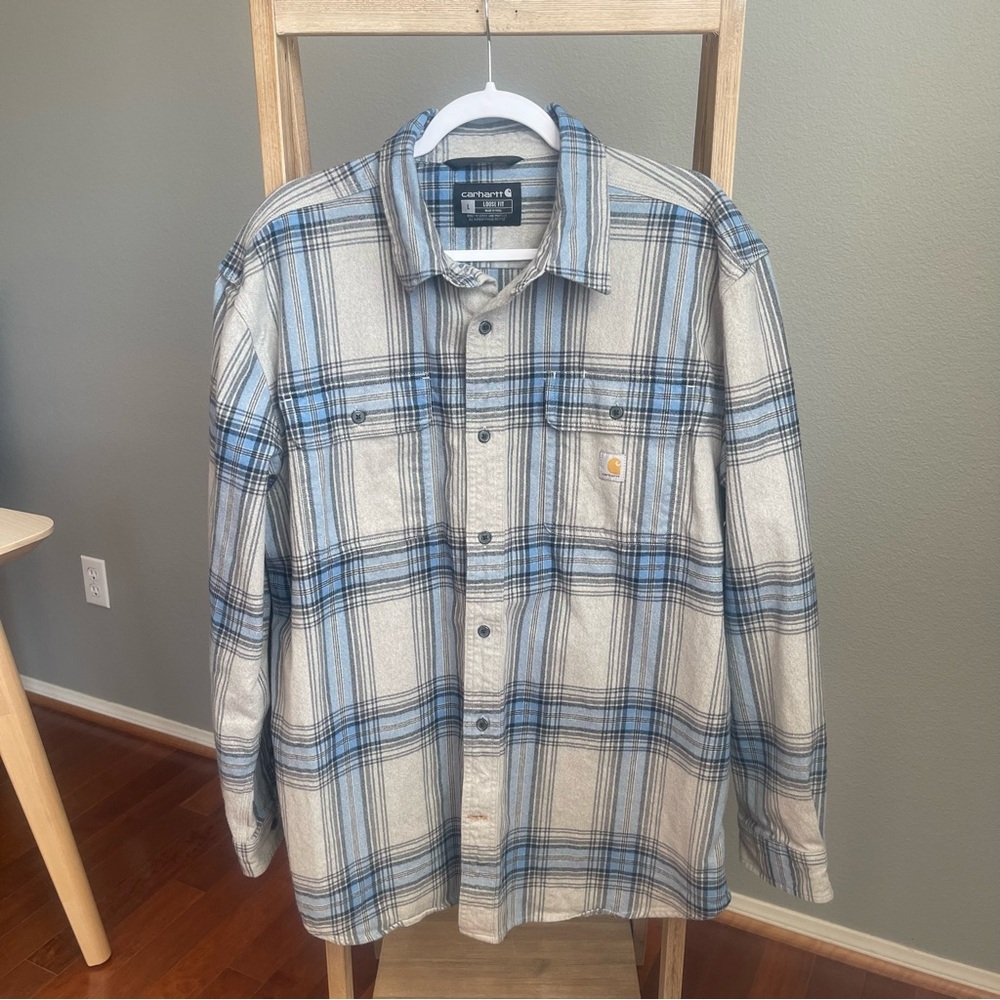 Carhartt Loose Fit Heavyweight Flannel Long-Sleeve Plaid Shirt Blue Gray Men’s L
